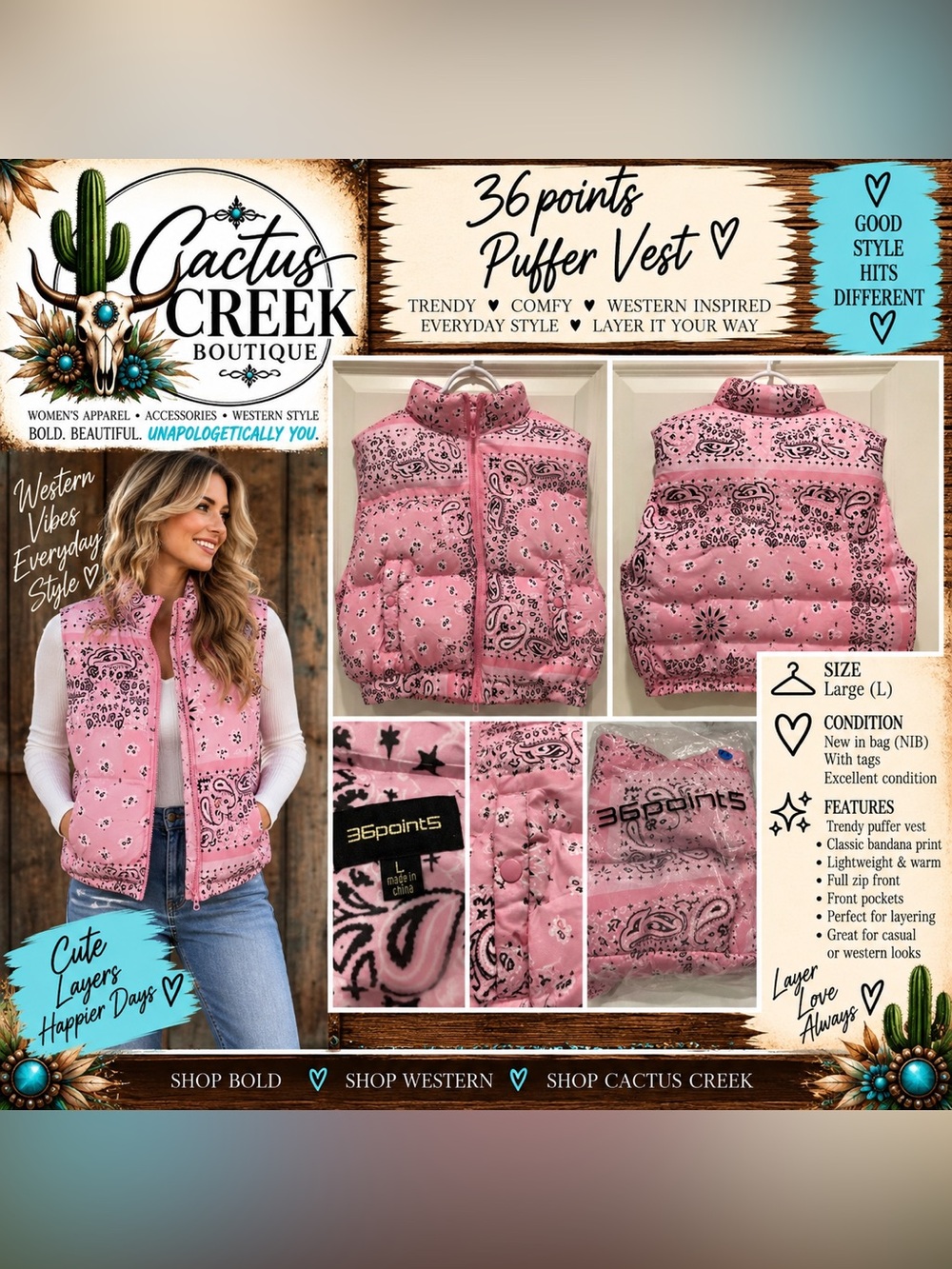 Pink Bandana Print Puffer Vest -Size L - NWT